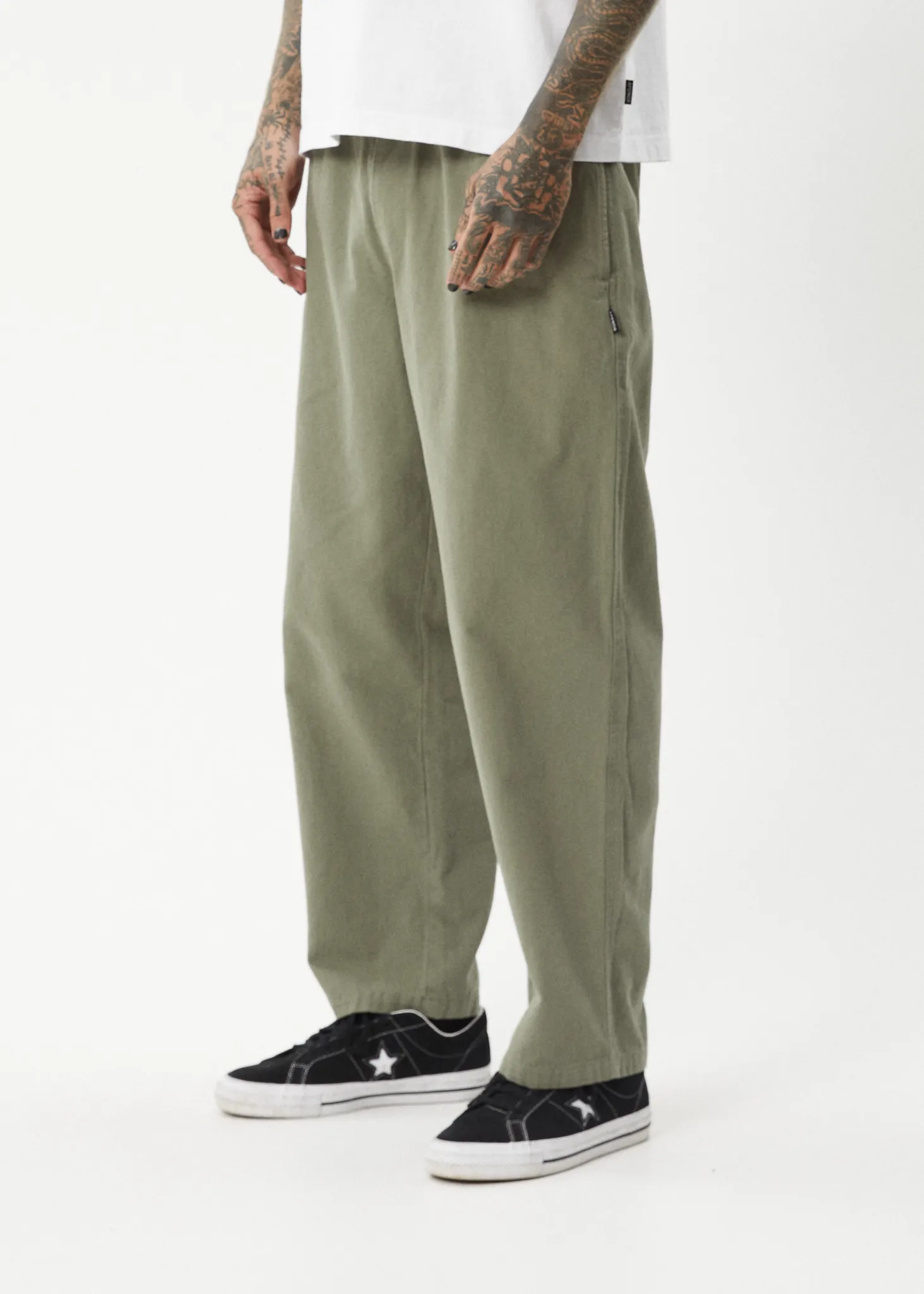 AFENDS Mens Ninety Eights - Baggy Elastic Waist Pants - Olive