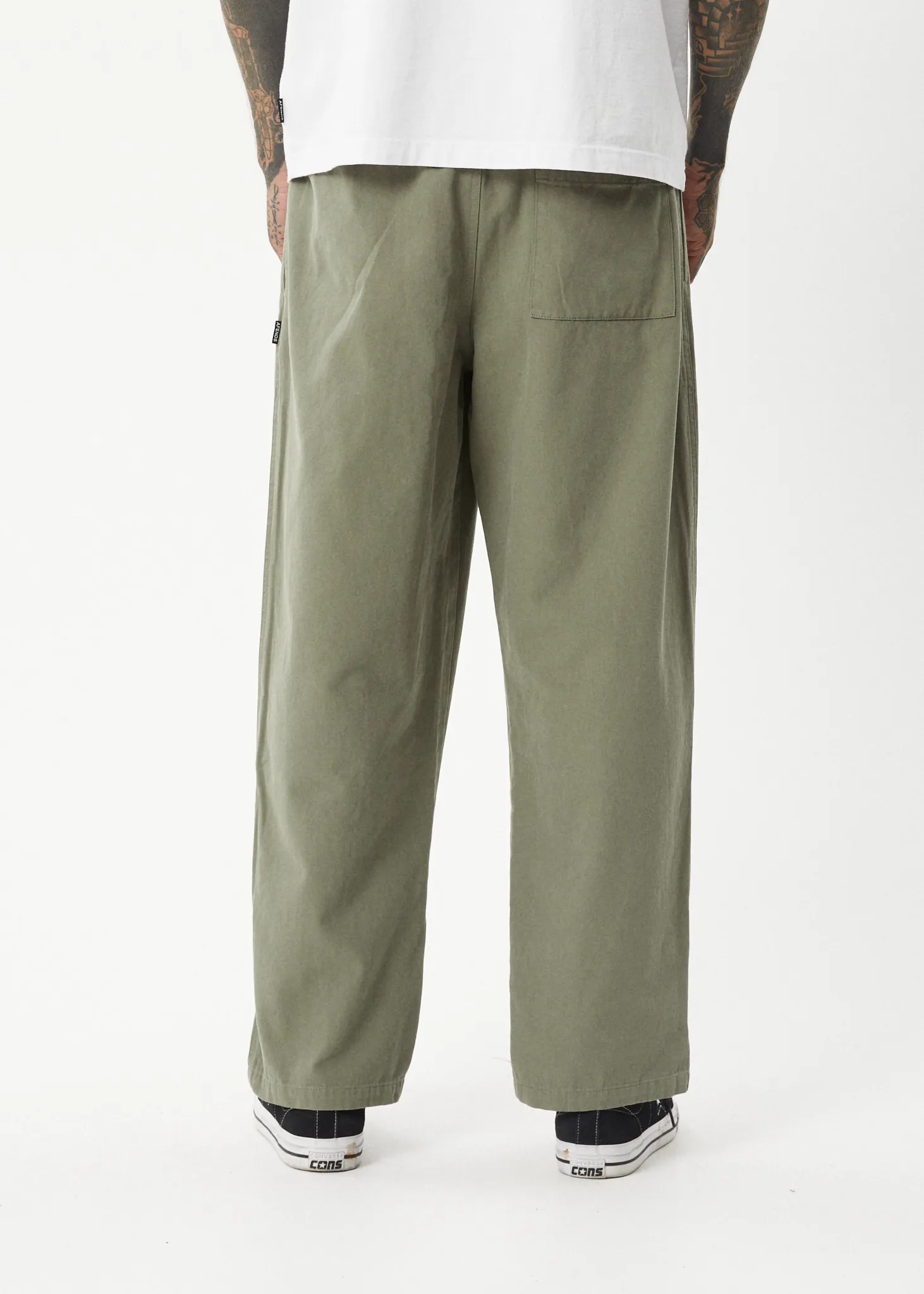 AFENDS Mens Ninety Eights - Baggy Elastic Waist Pants - Olive