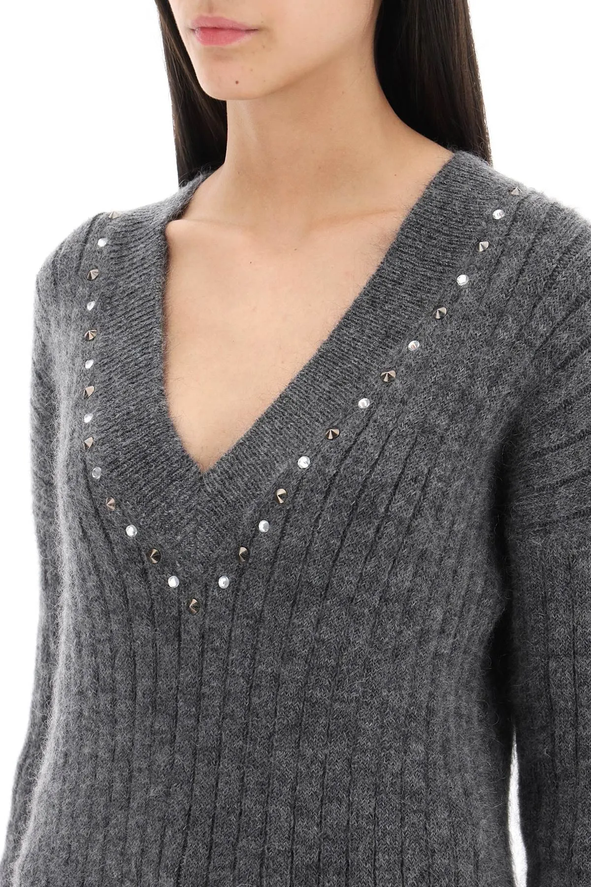 Alessandra rich wool knit sweater with studs and crystals FAB3486 K4058 GREY MELANGE