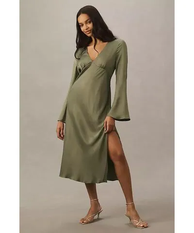 BHLDN Avani V-Neck Long-Sleeve Satin Midi Dress