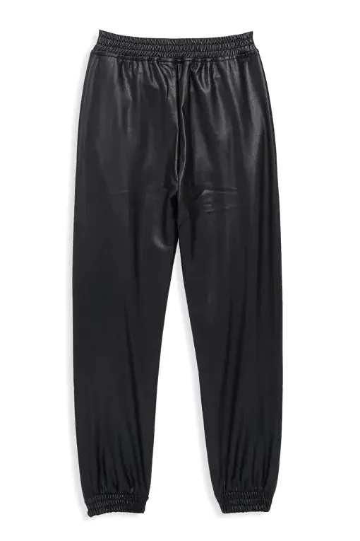 Black faux leather jogger pants