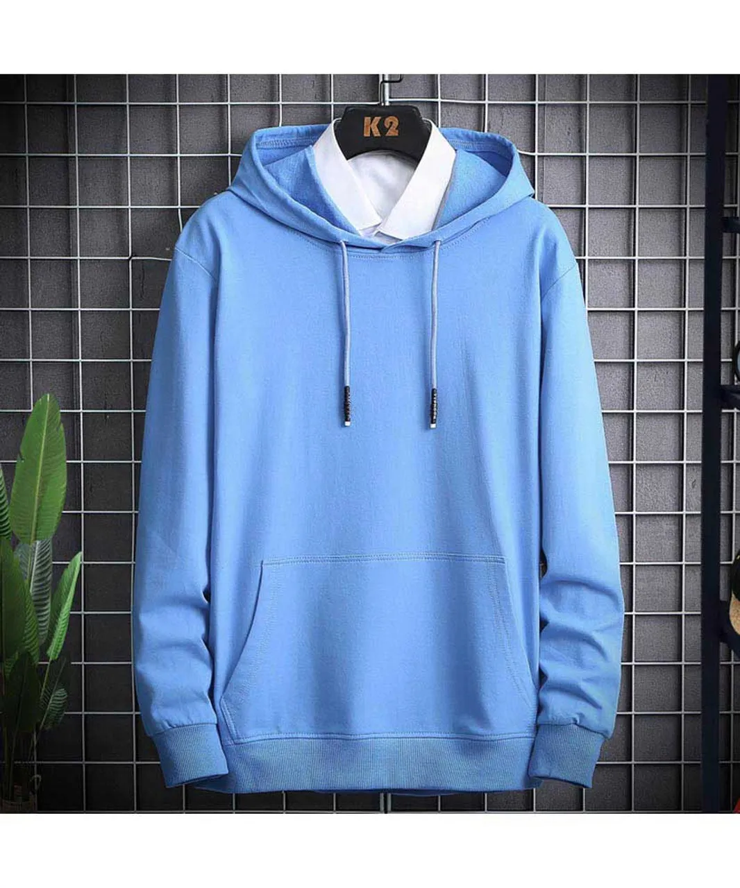 Blue simple plain color pull over hoodies