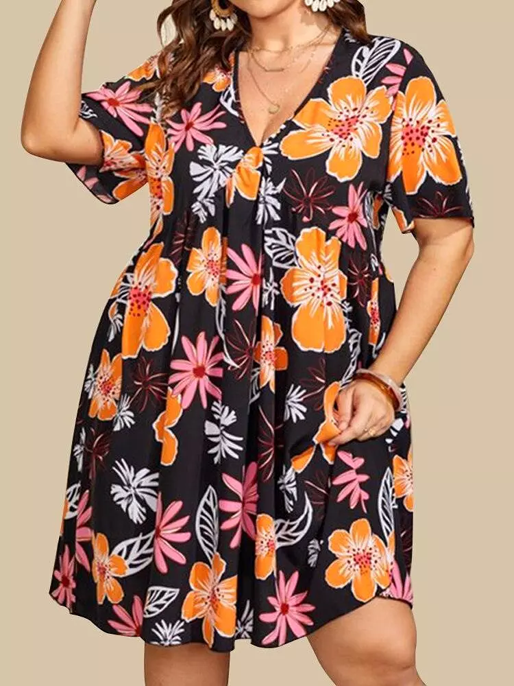 Butterfly Sleeves Floral Plus Size Dress