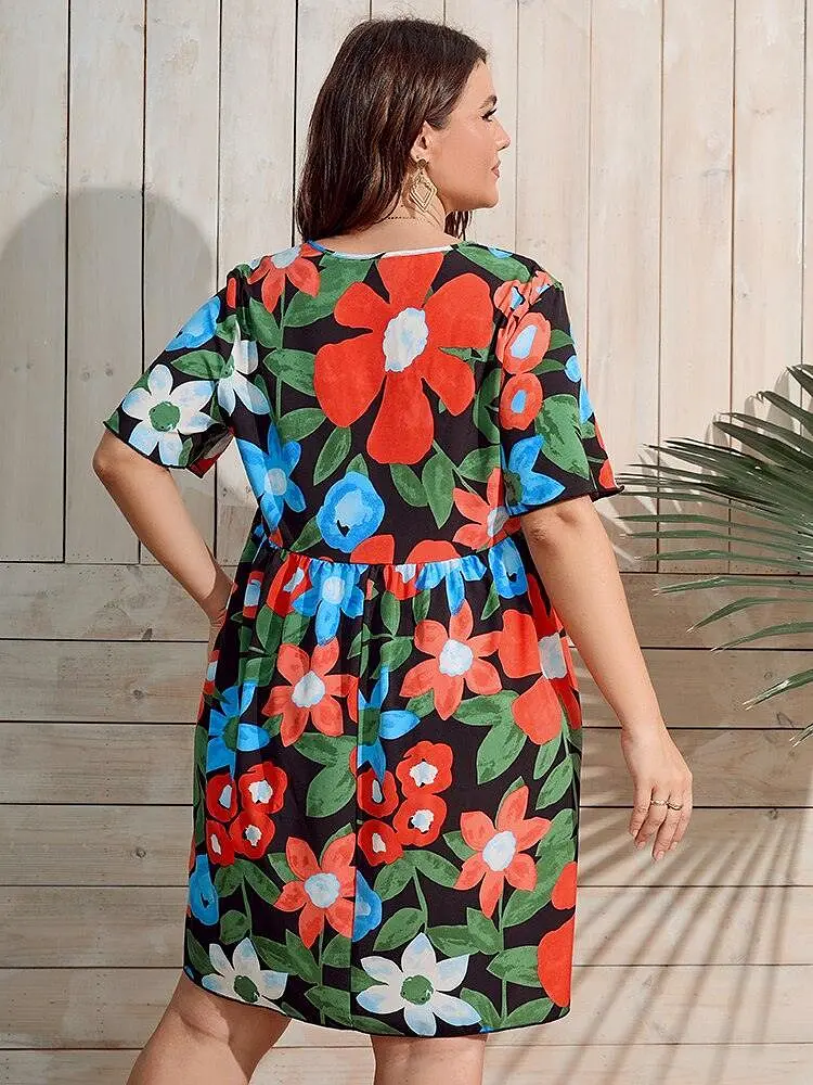 Butterfly Sleeves Floral Plus Size Dress