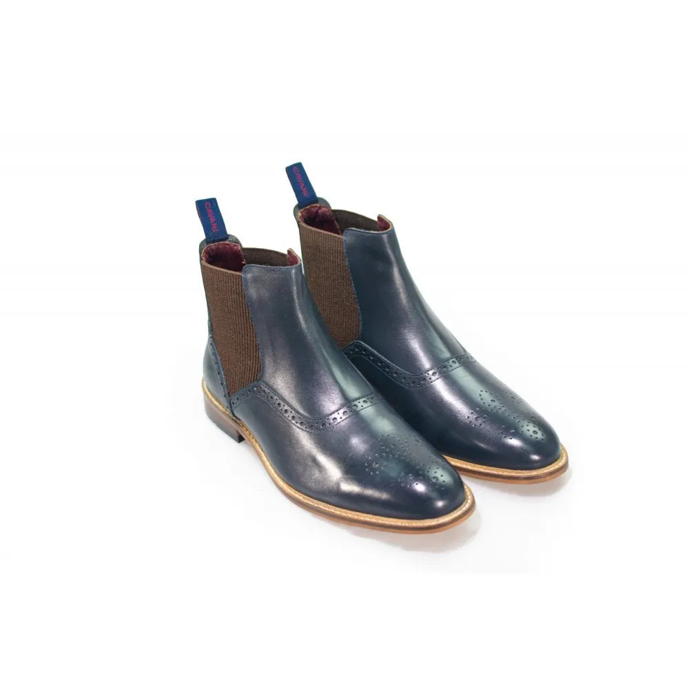 Cavani Moriarty Leather Slip On Navy Brogue Boots