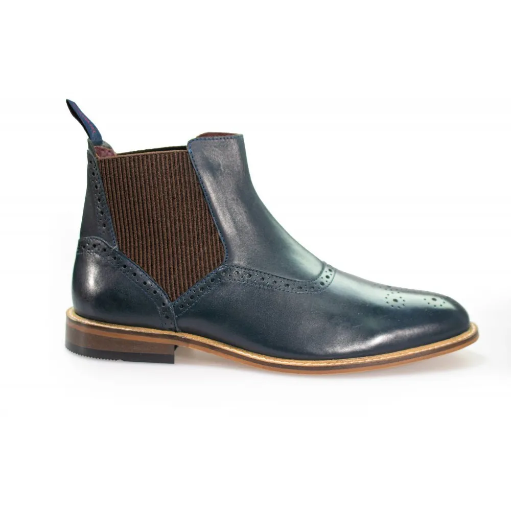 Cavani Moriarty Leather Slip On Navy Brogue Boots