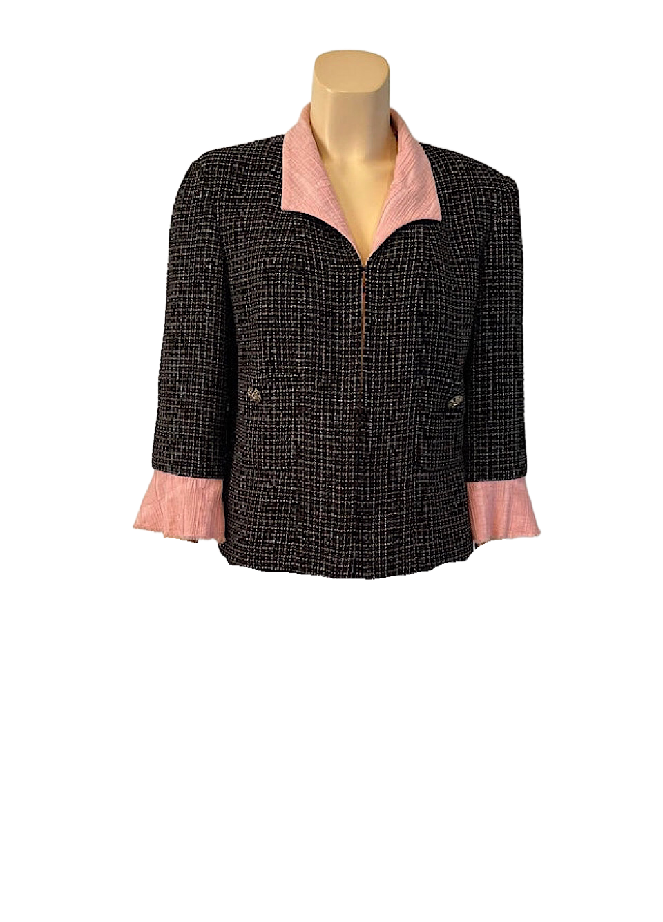 Chanel 12S 2012 Summer Black Metallic Tweed Pink Jacket FR 44 US 8/10