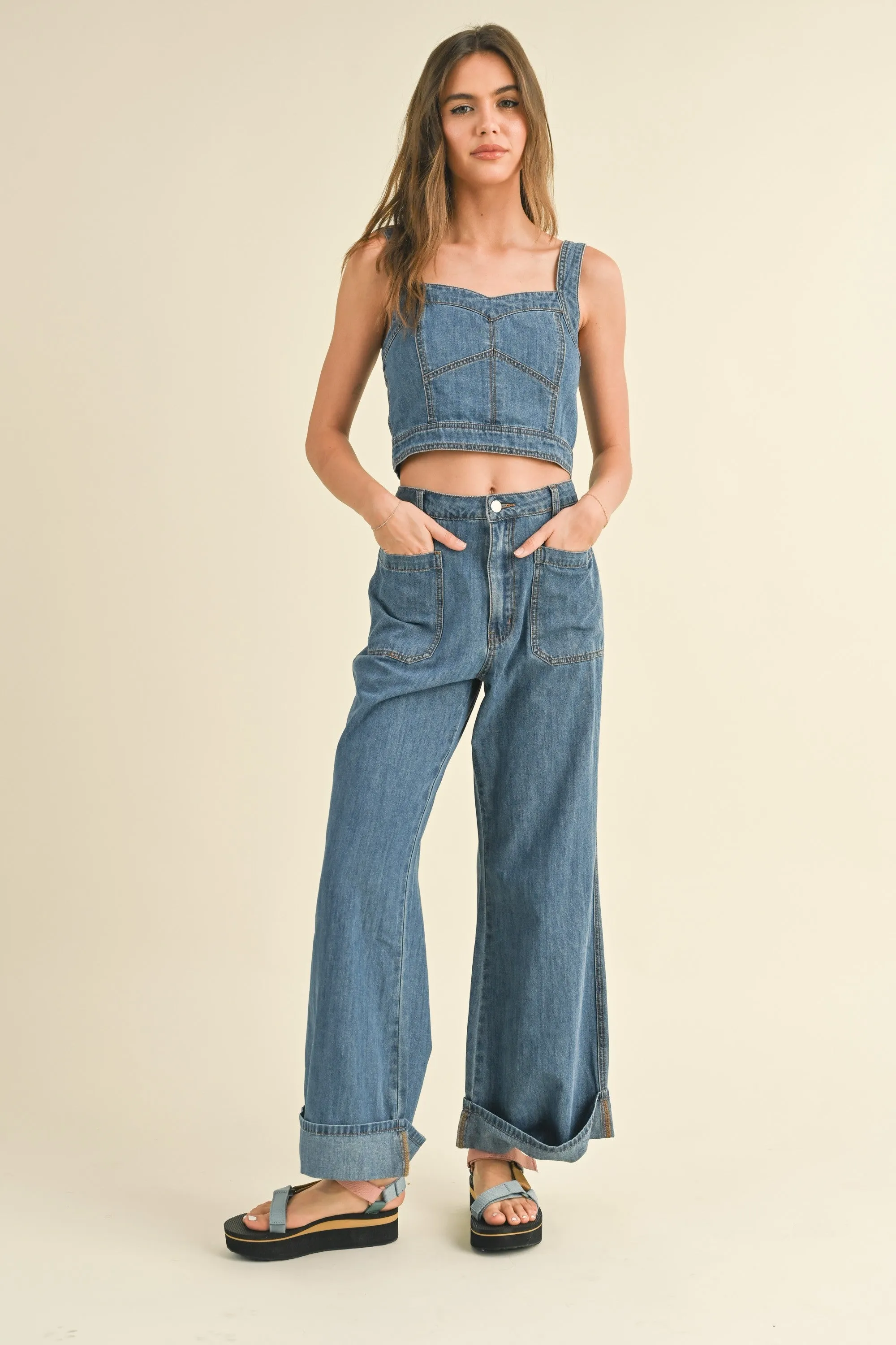 Cuffed Bottom Denim Pants