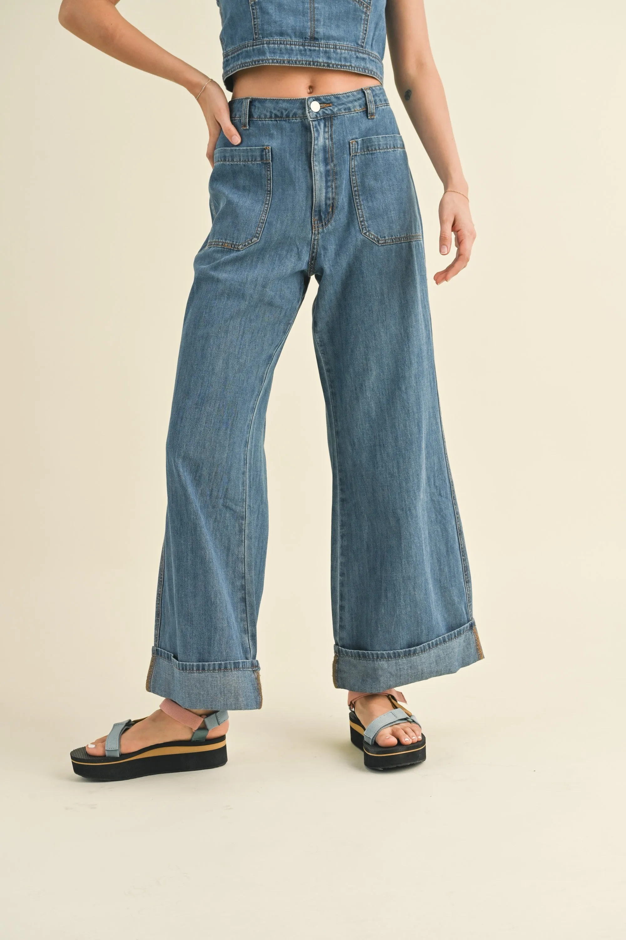 Cuffed Bottom Denim Pants