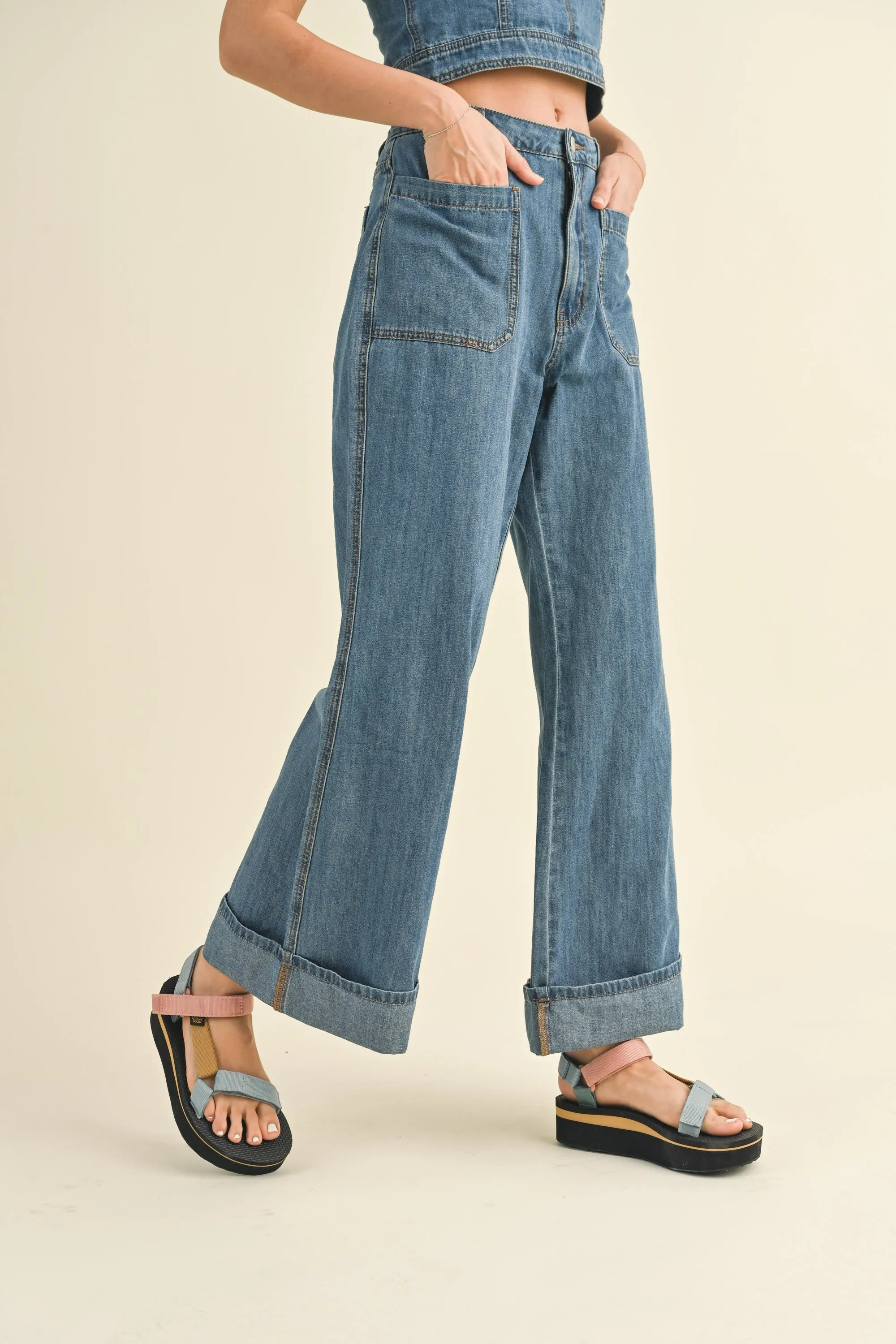 Cuffed Bottom Denim Pants