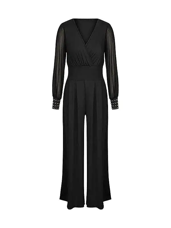 Elegant High Waist Mesh Jumpsuit with V Neck and Wide Leg