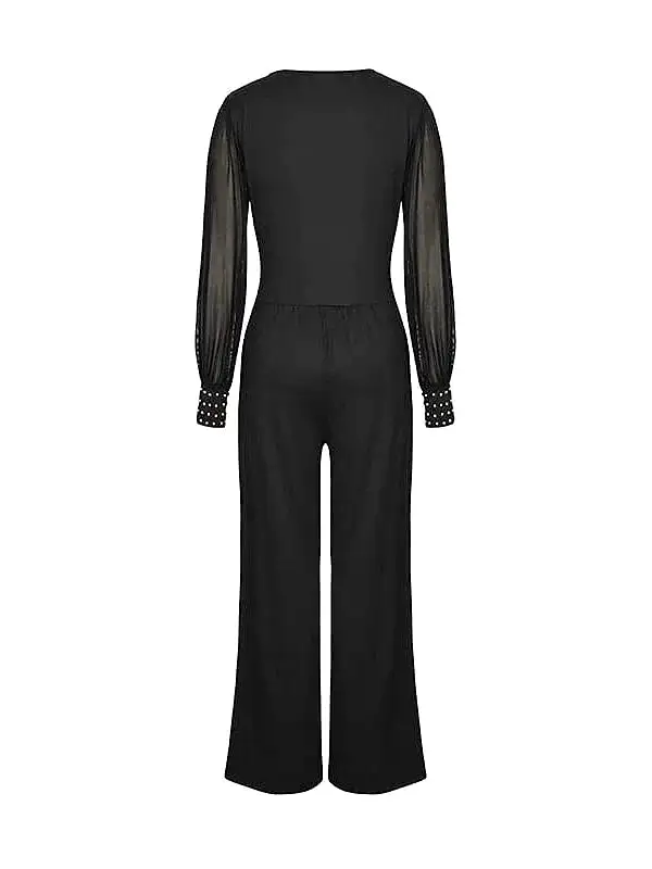 Elegant High Waist Mesh Jumpsuit with V Neck and Wide Leg