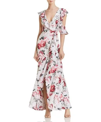 Fame and Partners Beckman Womens Floral Print Ruffled Sleeves Evening Dress