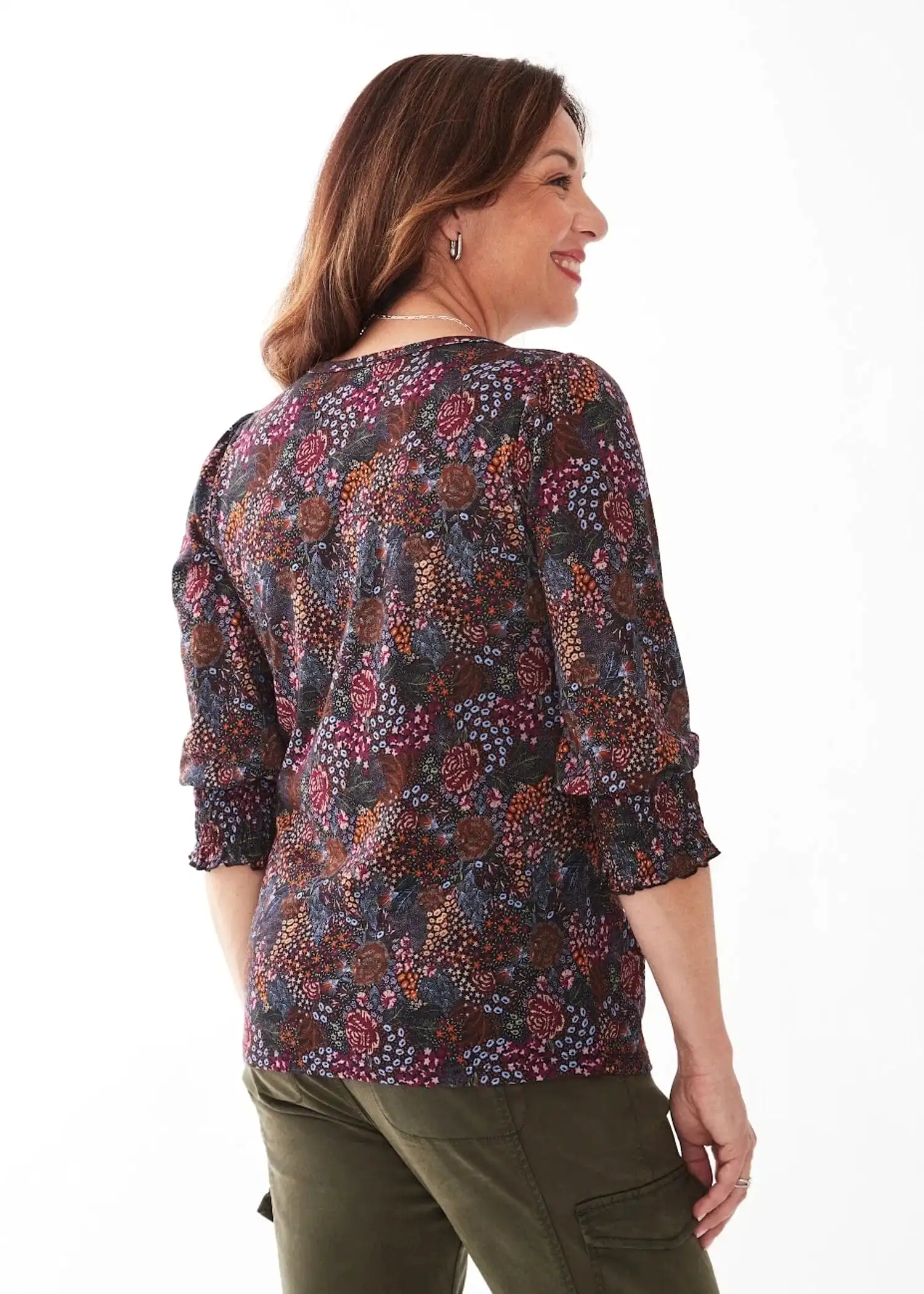 FDJ Floral Cluster Printed V Neck Top W/ Smocked Cuff - 3113476