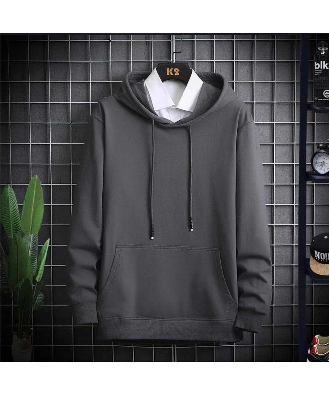 Grey simple plain color pull over hoodies