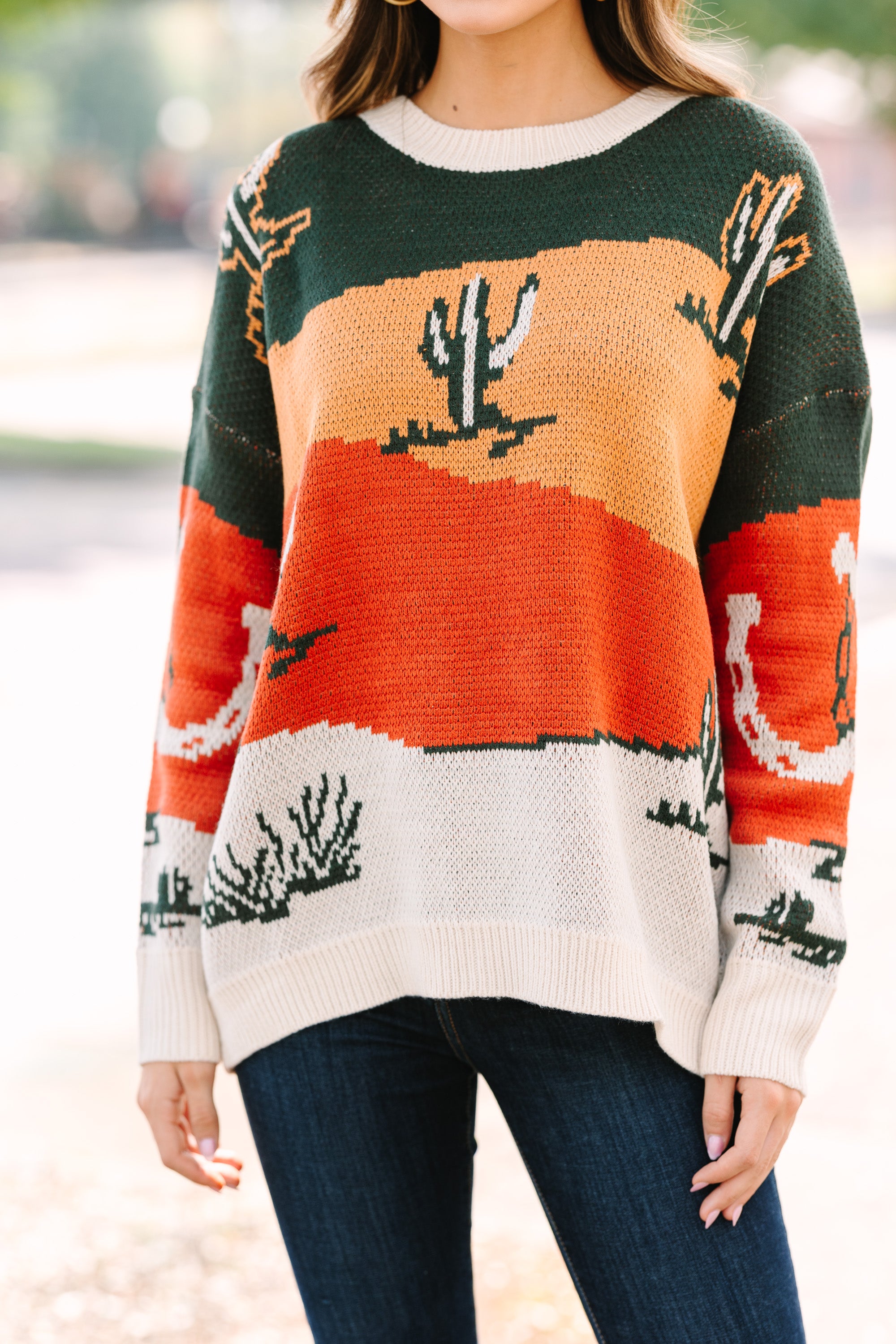 Heading Out West Olive Green Cactus Sweater