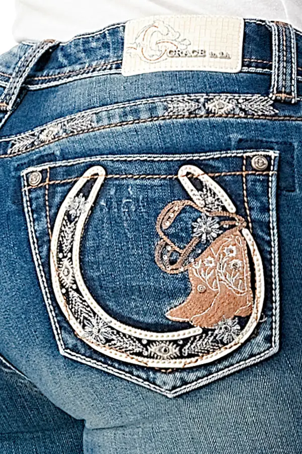 Horse Shoe with Boot Hats Embroidery Mid Rise Bootcut Jeans