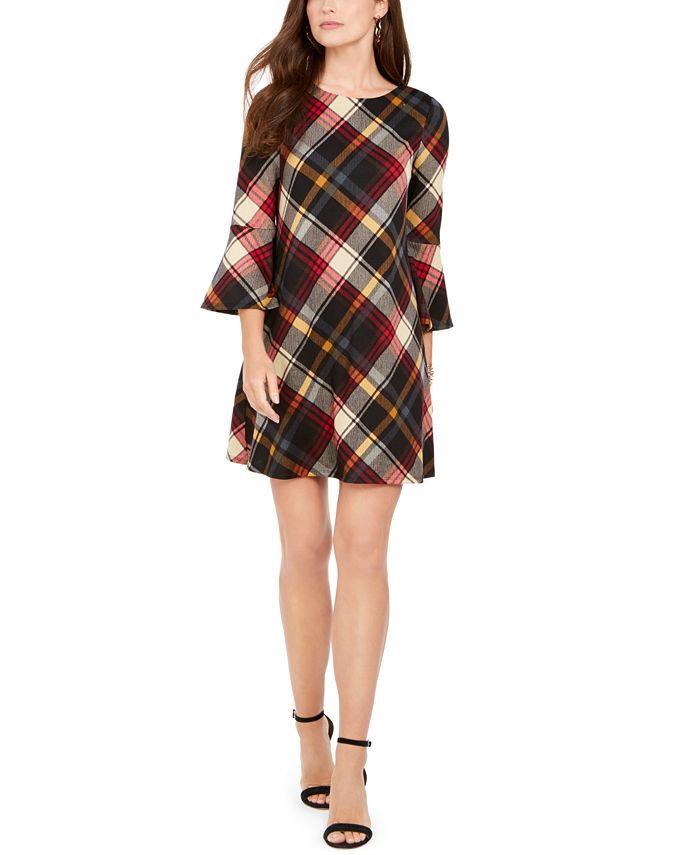 Jessica Howard Women's Plaid Bell Sleeve Shift Dress Black Size Medium