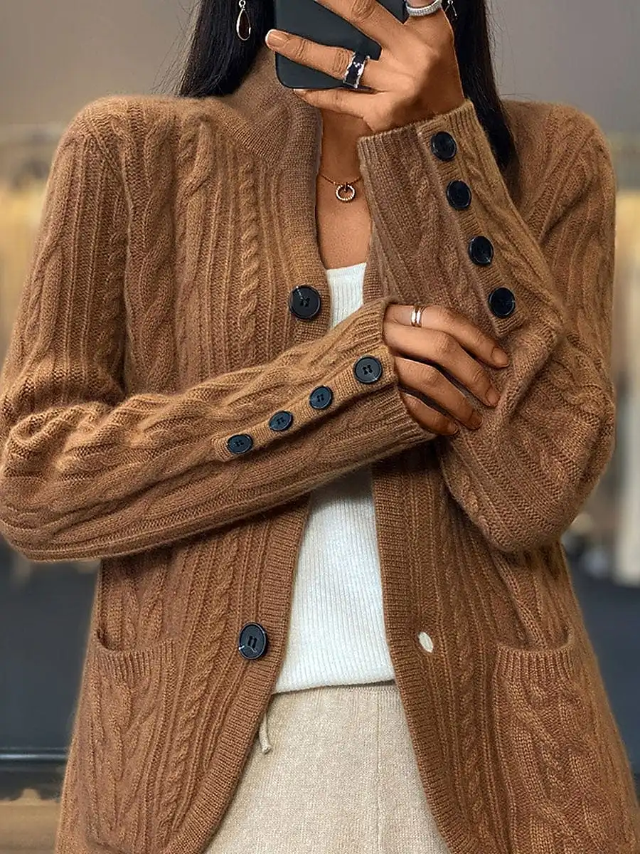 Ladies' Elegant V Neck Cable Knit Cardigan Sweater with Buttons and Pockets