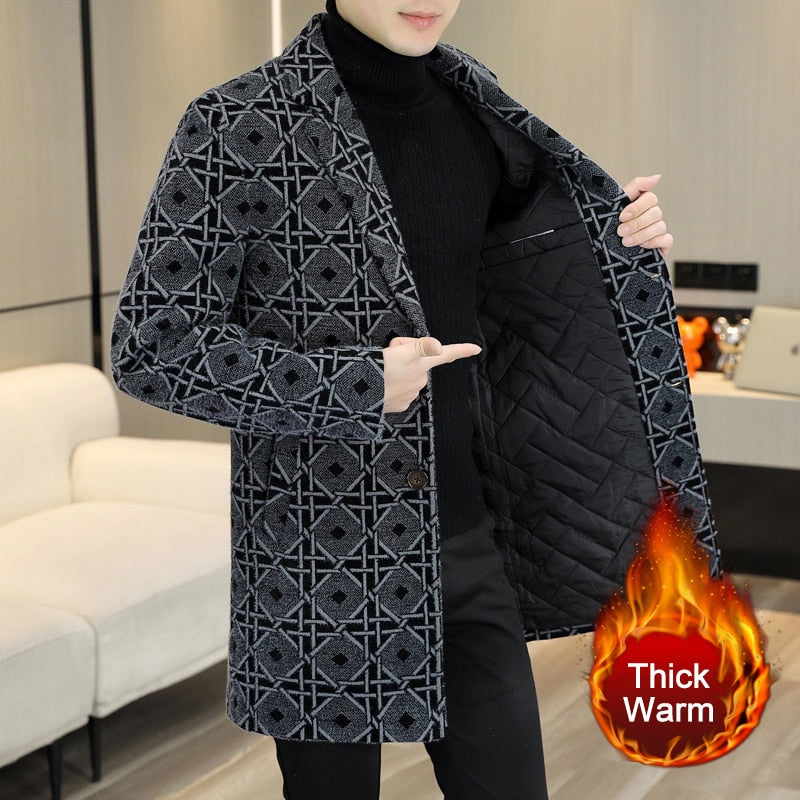 Men's Winter Plaid Contrasting Color Woollen Windbreaker Long Coat