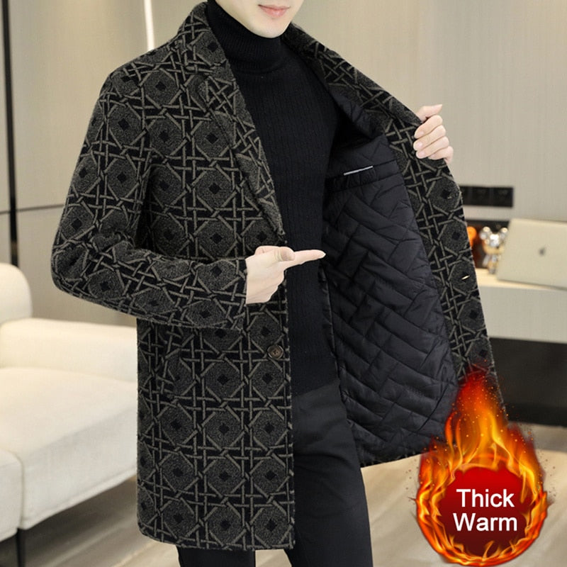 Men's Winter Plaid Contrasting Color Woollen Windbreaker Long Coat