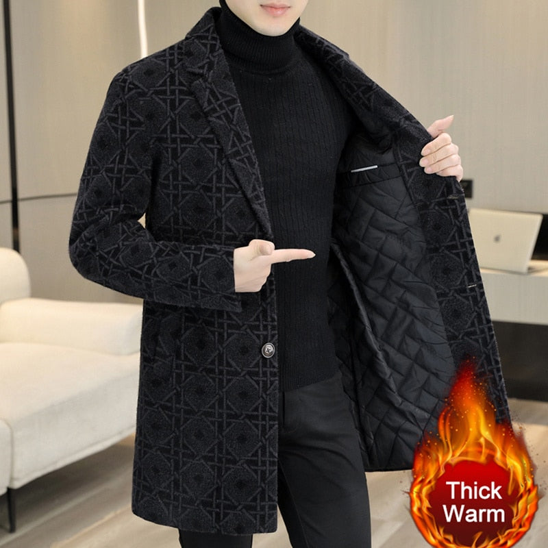 Men's Winter Plaid Contrasting Color Woollen Windbreaker Long Coat