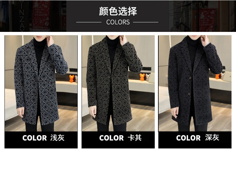 Men's Winter Plaid Contrasting Color Woollen Windbreaker Long Coat