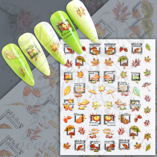 Metallic Autumn Leaves Mushroom Nail Art Stickers