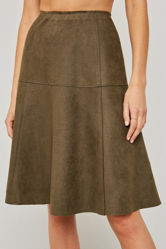 Olive Faux Suede Flare Midi Skirt