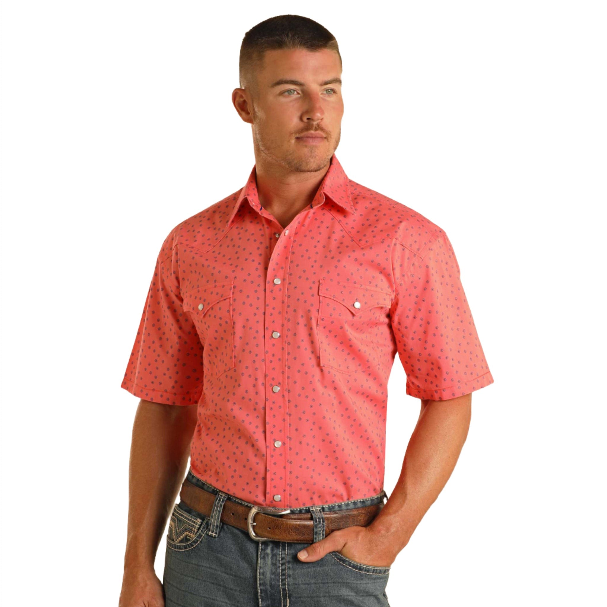 Panhandle Men's Coral Geo Print Short Sleeve