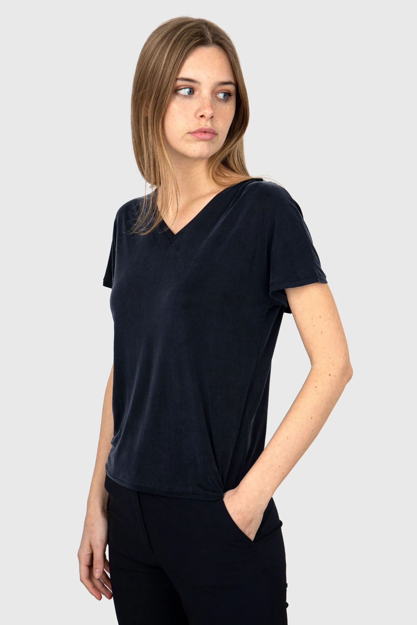 Rrd Cupro V-neck Wom Shirty Blu Scuro Donna