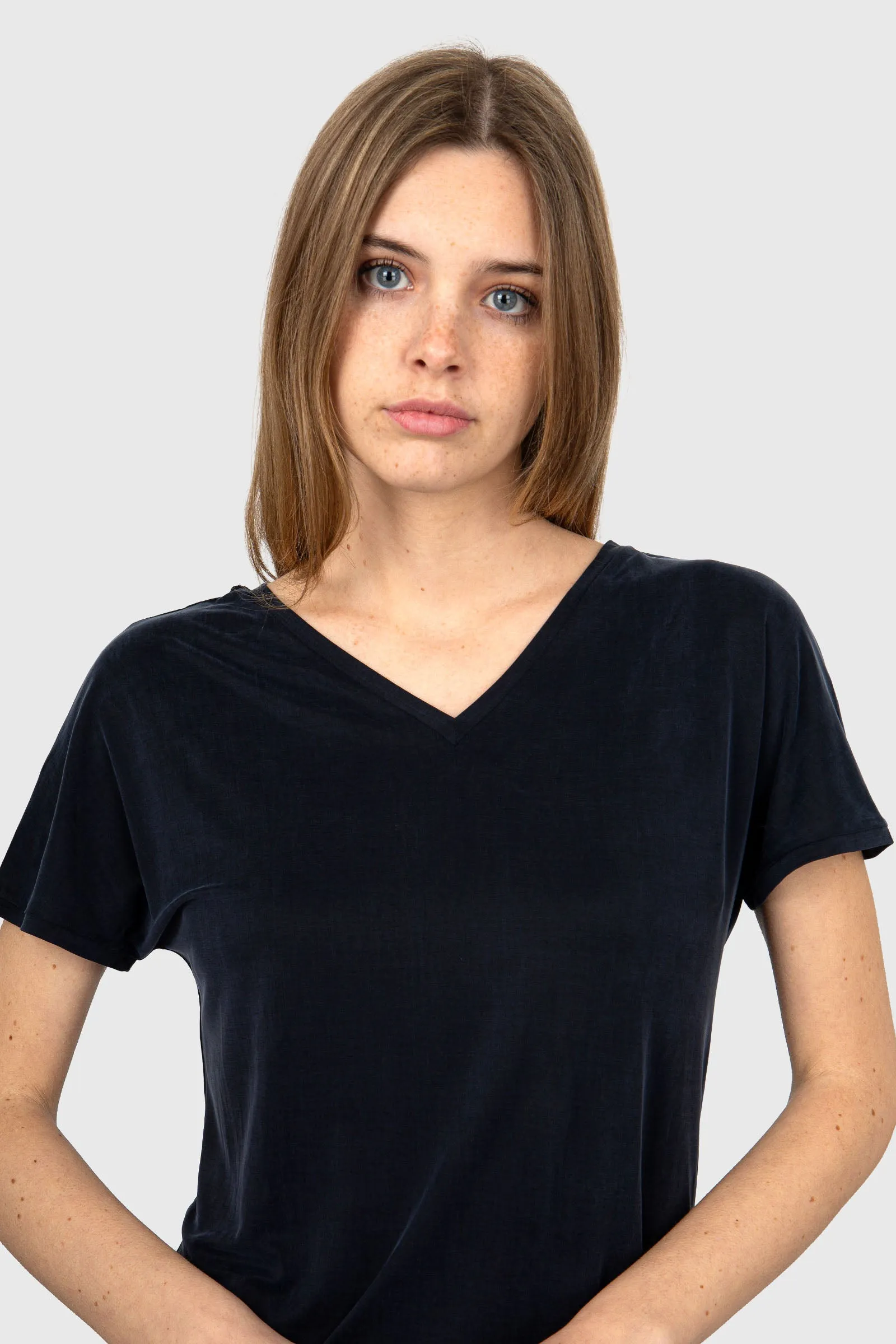 Rrd Cupro V-neck Wom Shirty Blu Scuro Donna