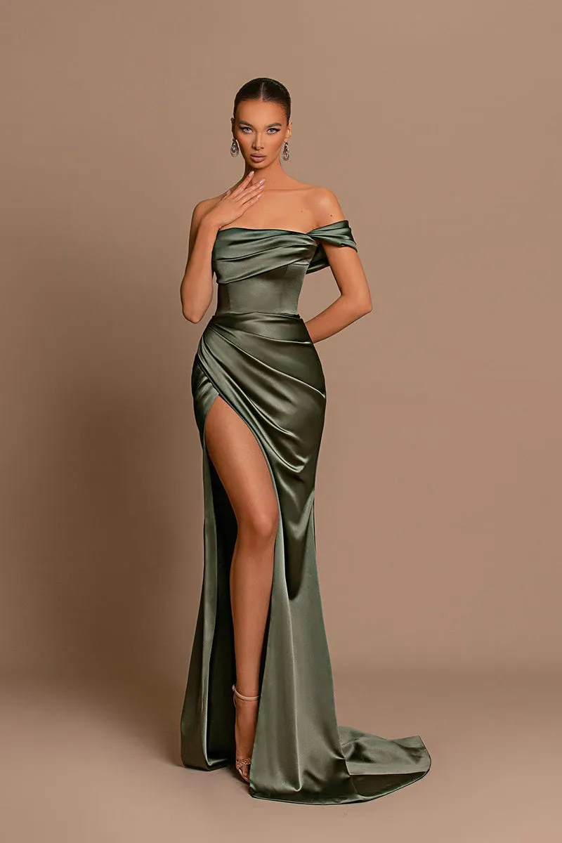 Sheath Off the Shoulder Satin Pleated Side Slit Long Bridesmaid Dress QB3060