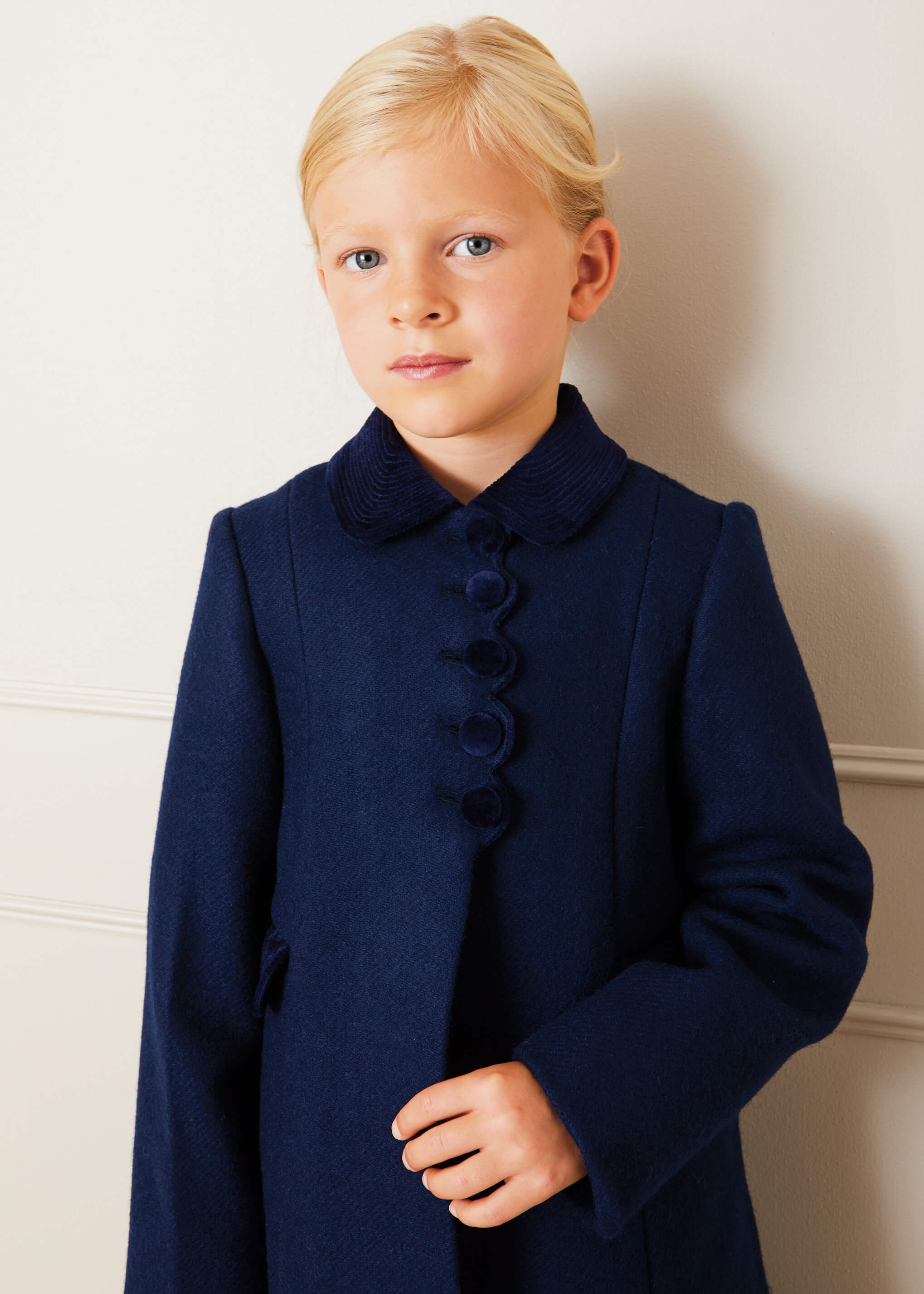 Single Breasted Scallop Detail Coat In Navy (12mths-10yrs)