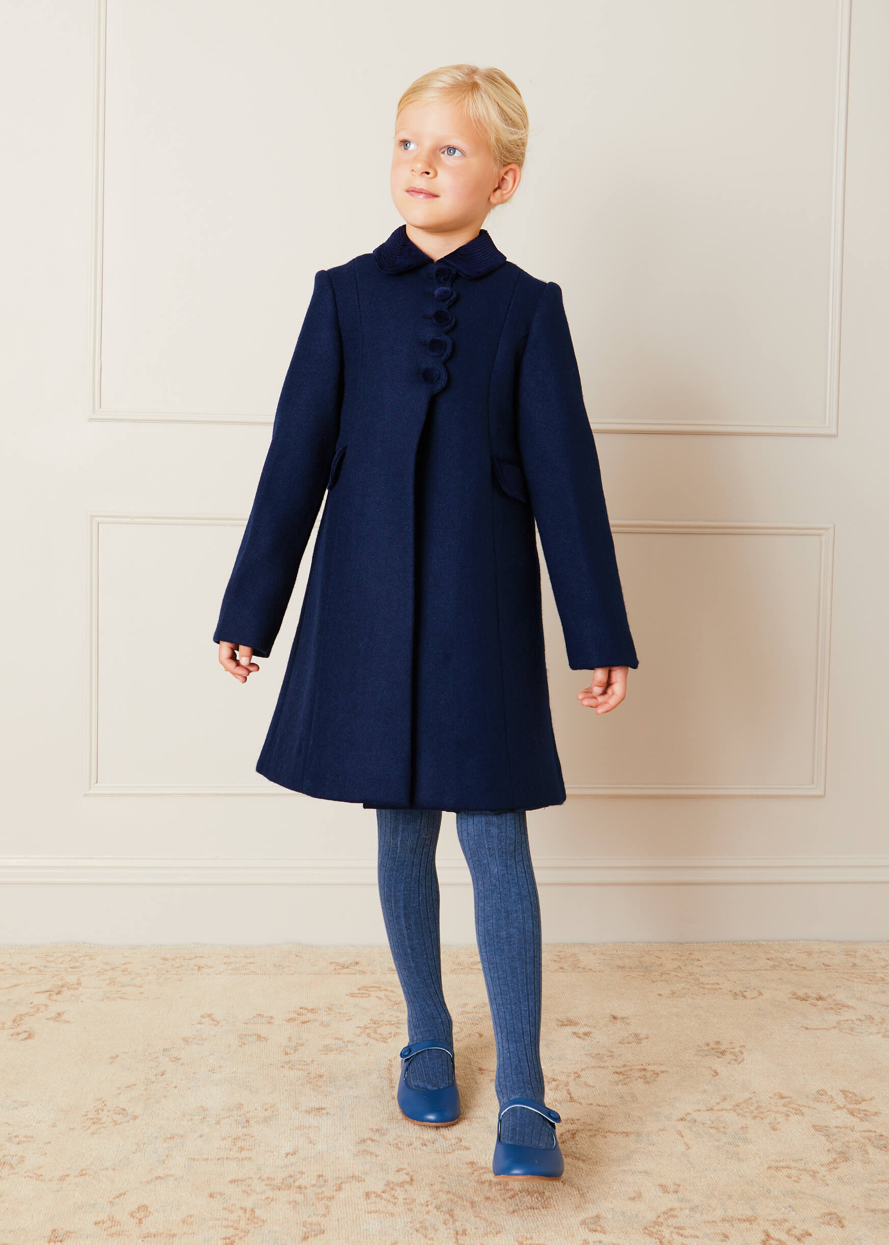 Single Breasted Scallop Detail Coat In Navy (12mths-10yrs)