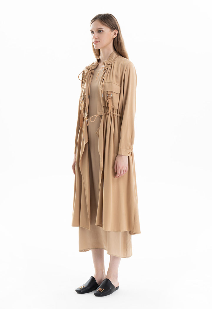 Solid Elasticated Drawstring Long Jacket