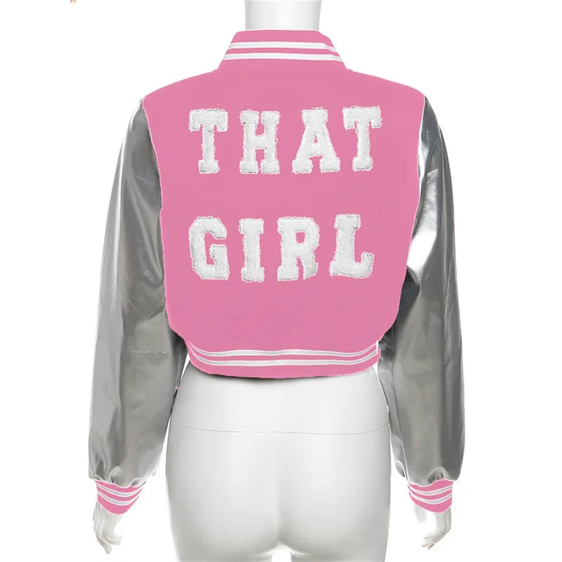 That Girl Bodycon Letter Embroidery Crop Baseball Jacket