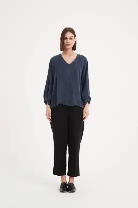 Tirelli - V Neck Bishop Long Sleeve Top - Deep Ocean