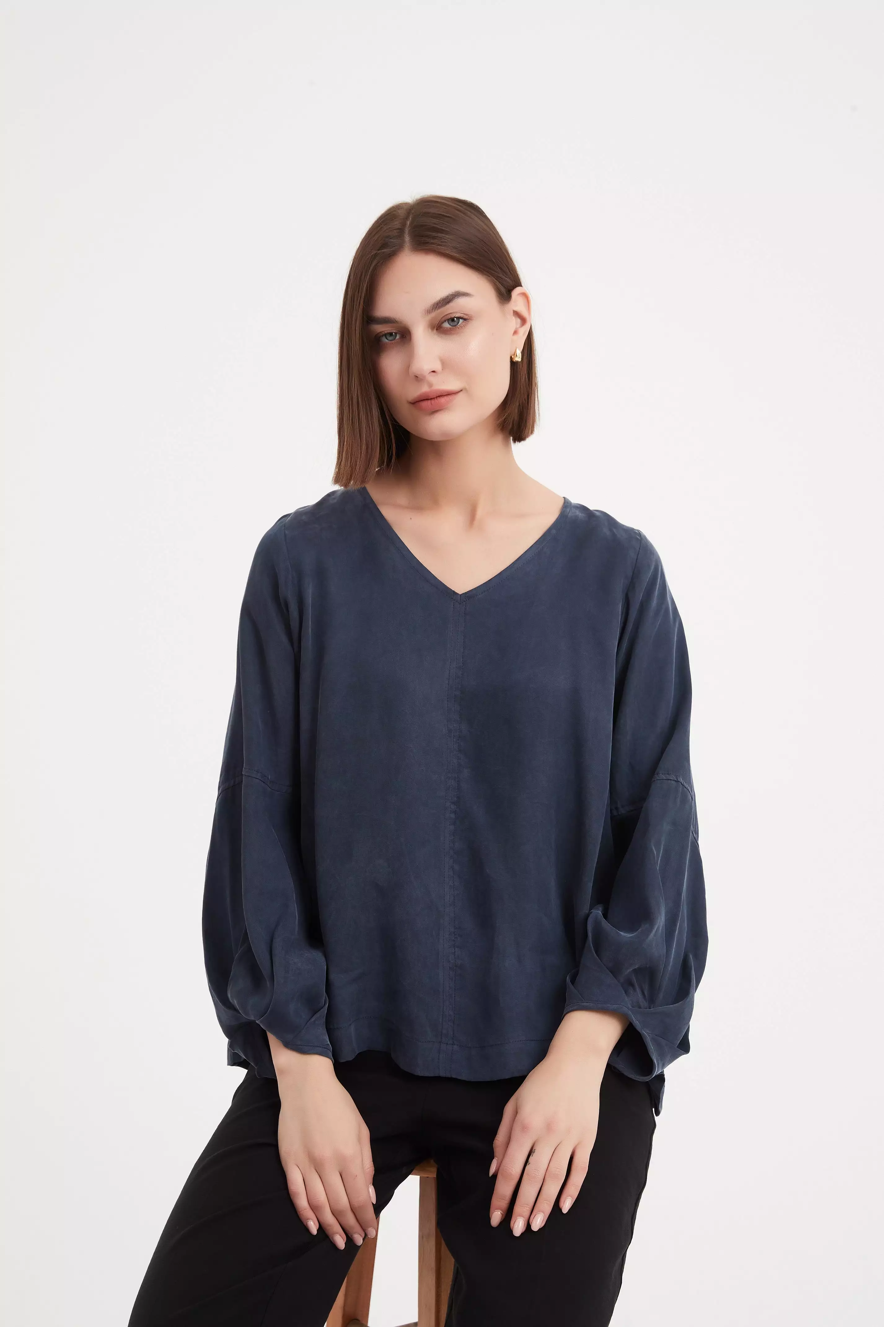 Tirelli - V Neck Bishop Long Sleeve Top - Deep Ocean