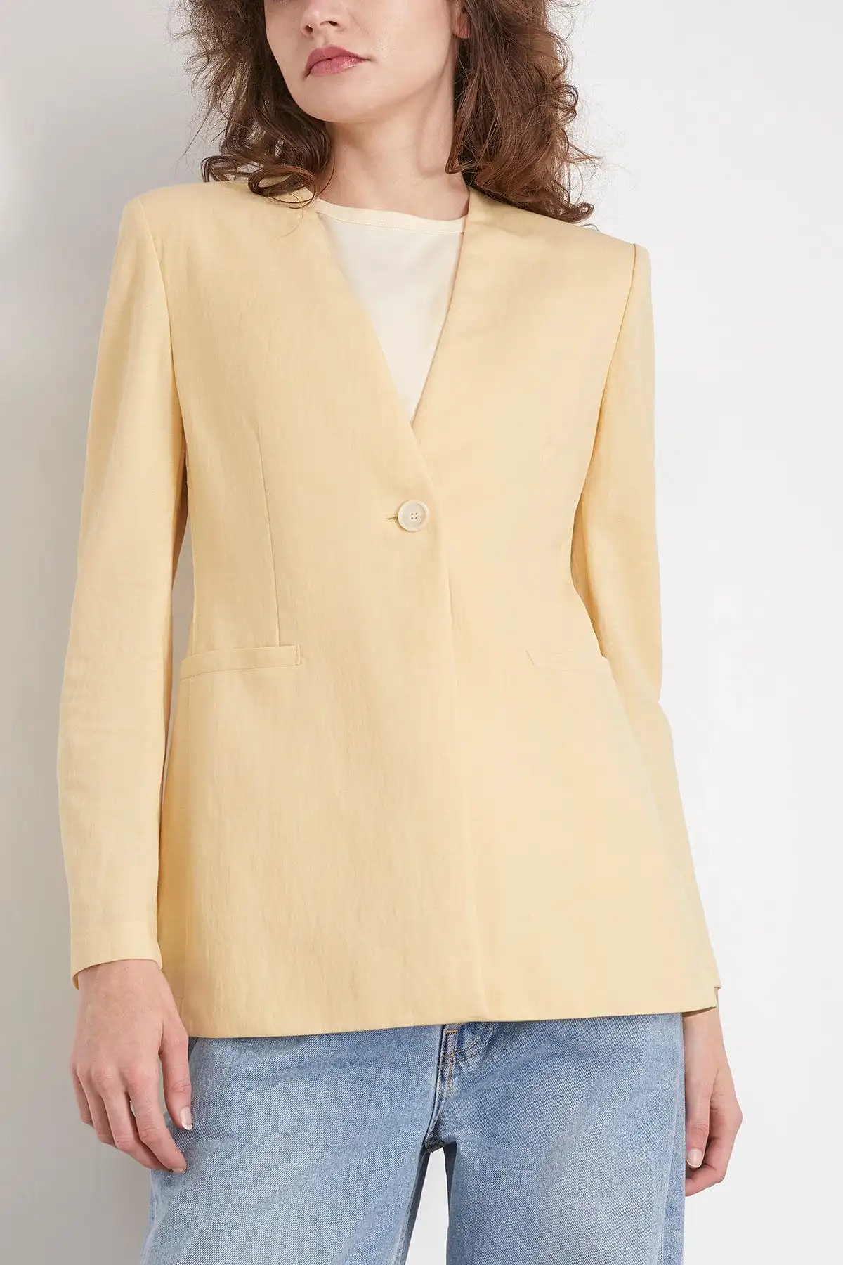 Uncollared Blazer in Custard