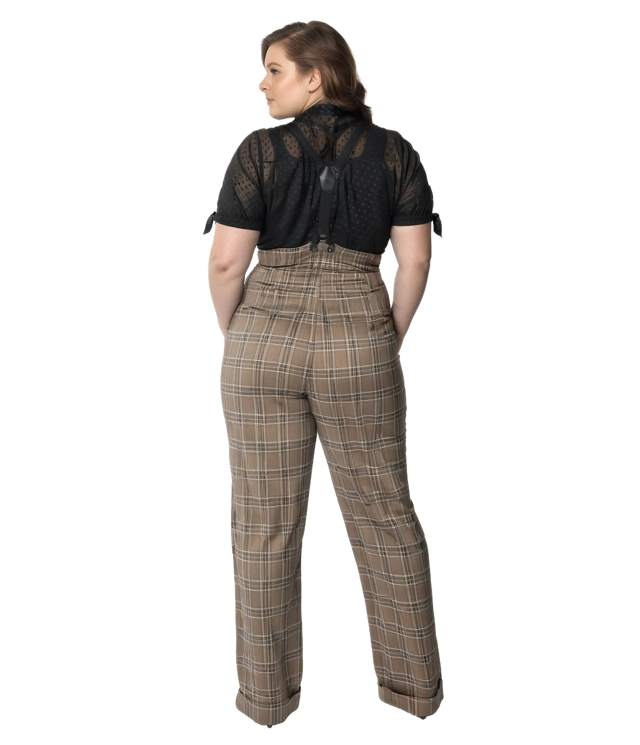 Unique Vintage Plus Size 1930s Dark Beige Windowpane Thelma Suspender Pants