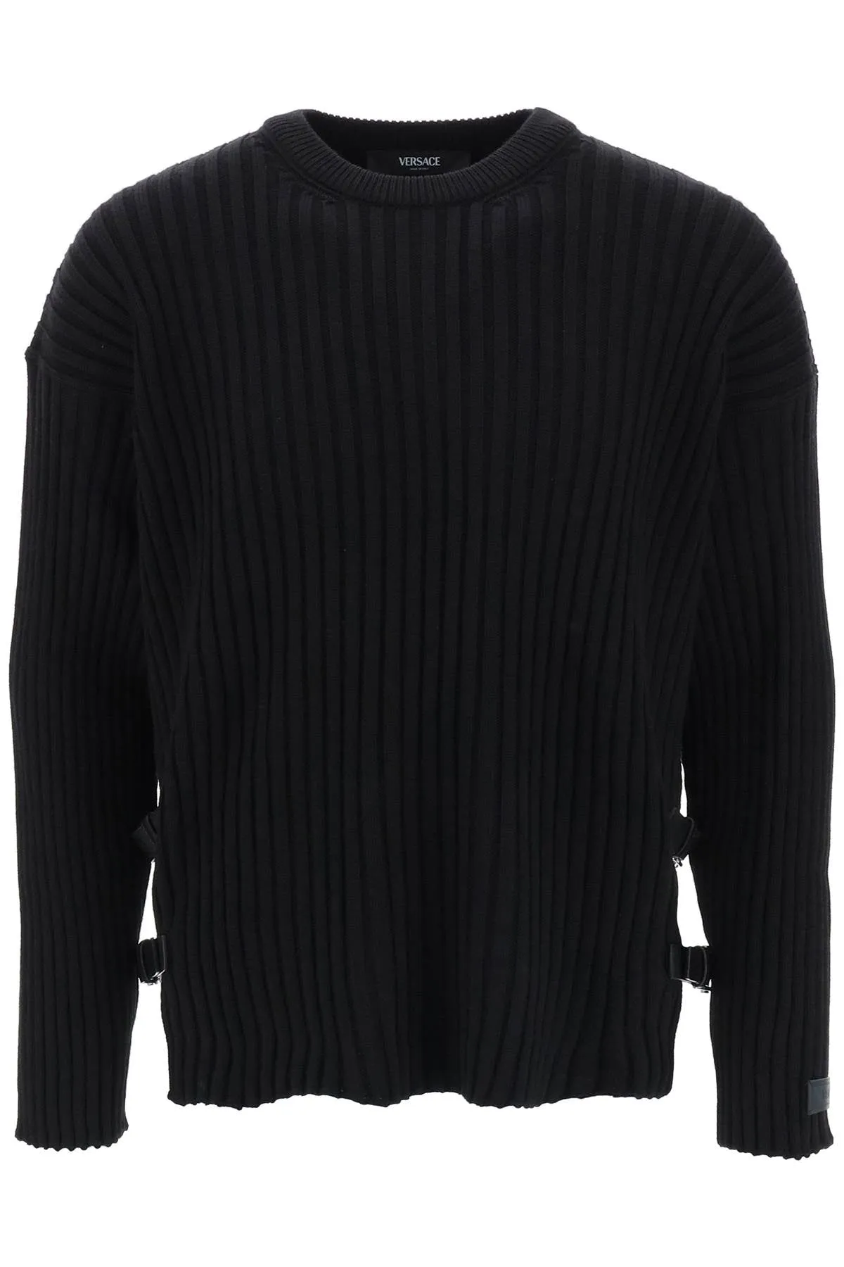 Versace ribbed-knit sweater with leather straps 1011790 1A08069 BLACK