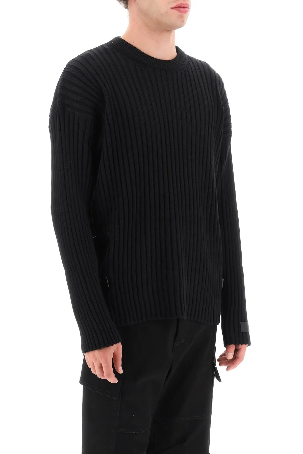 Versace ribbed-knit sweater with leather straps 1011790 1A08069 BLACK