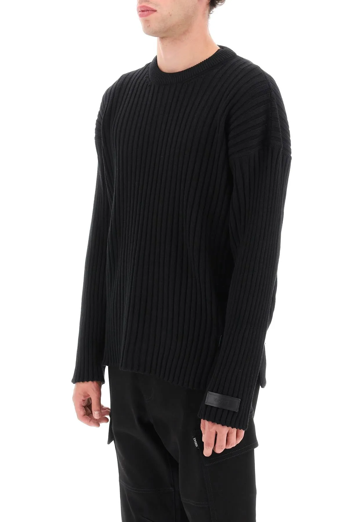 Versace ribbed-knit sweater with leather straps 1011790 1A08069 BLACK