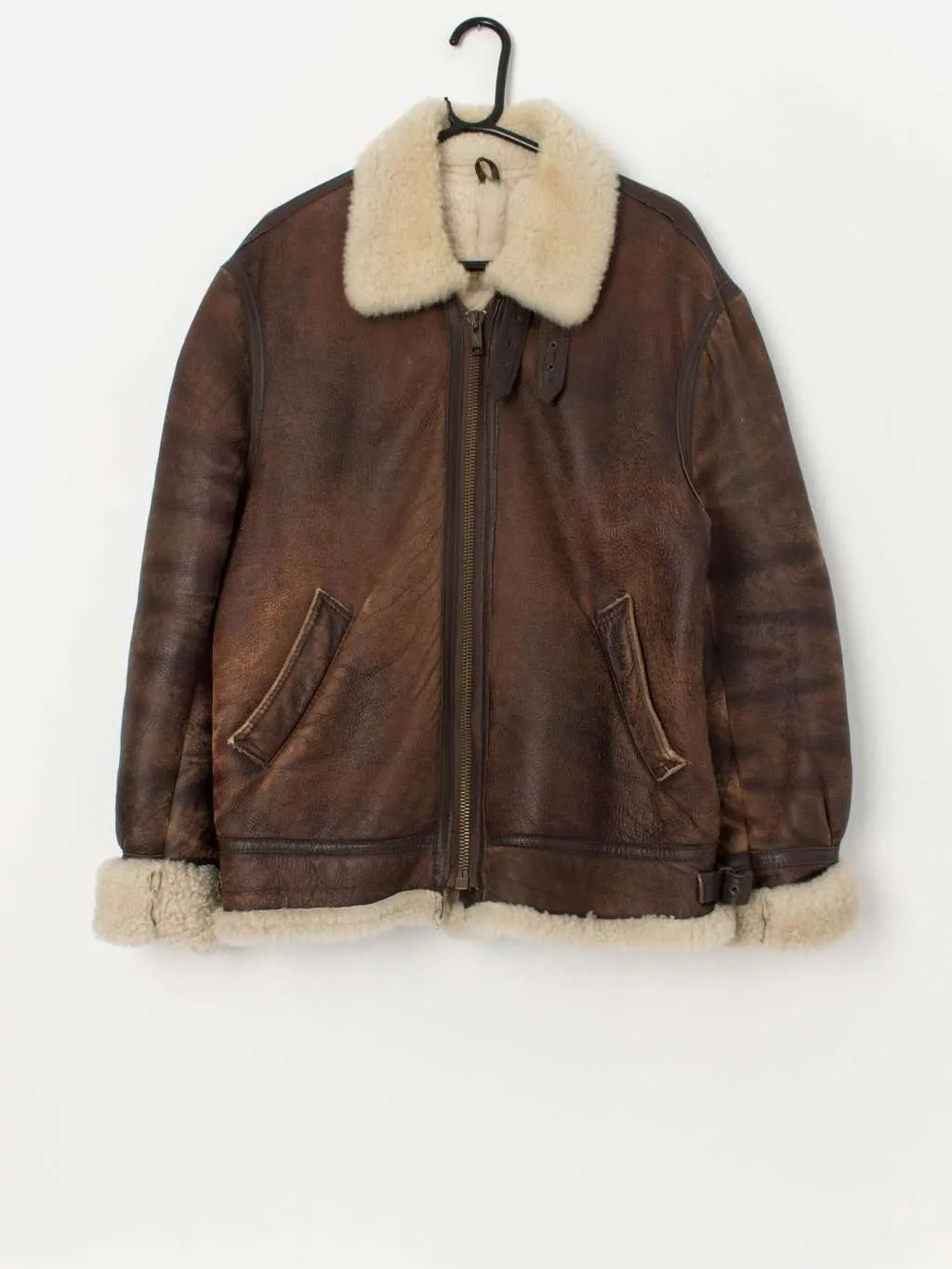 Vintage brown flight jacket with cream sheepskin lining – Medium / Large