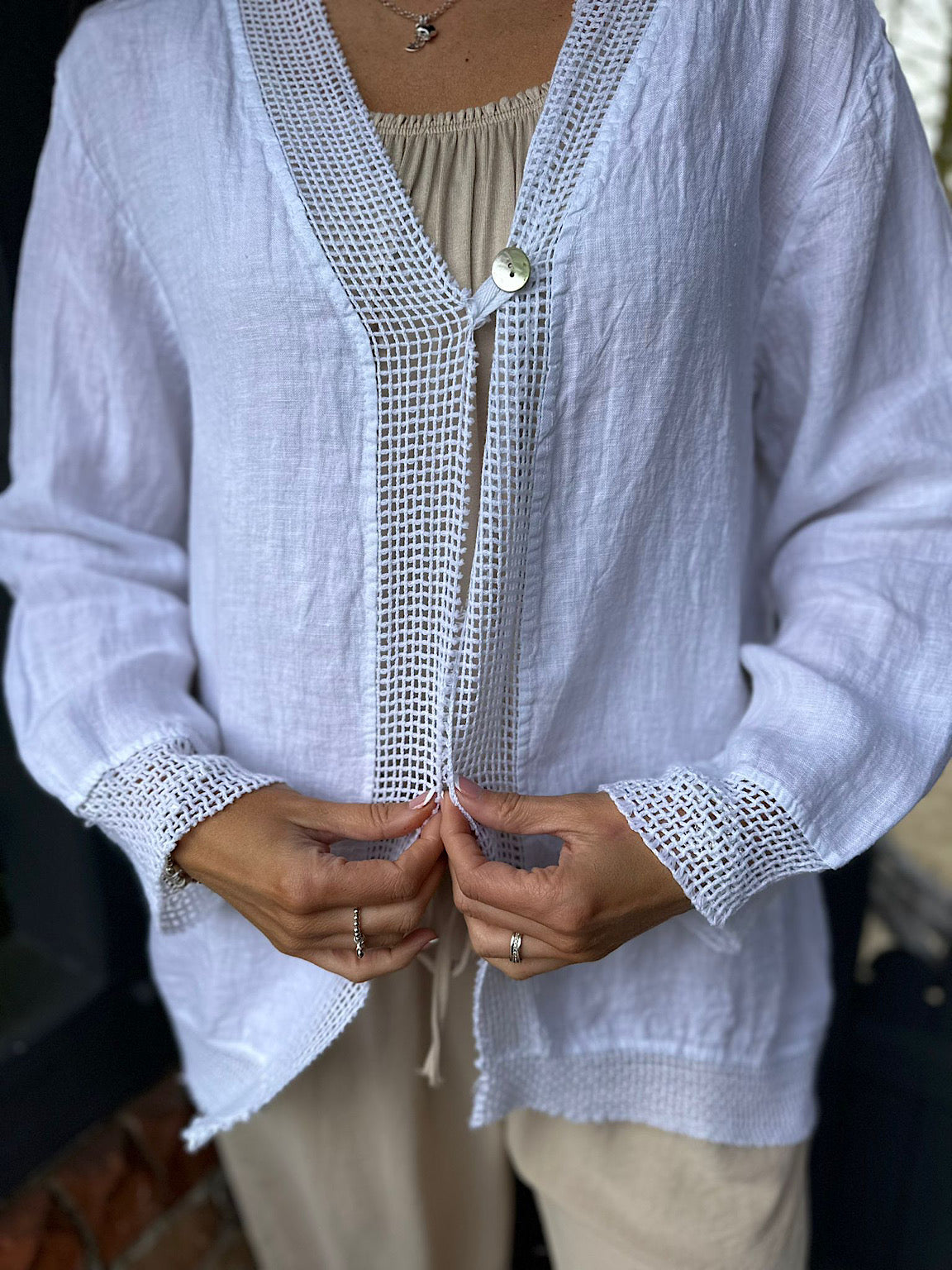 White Linen Raw Edge Button Jacket