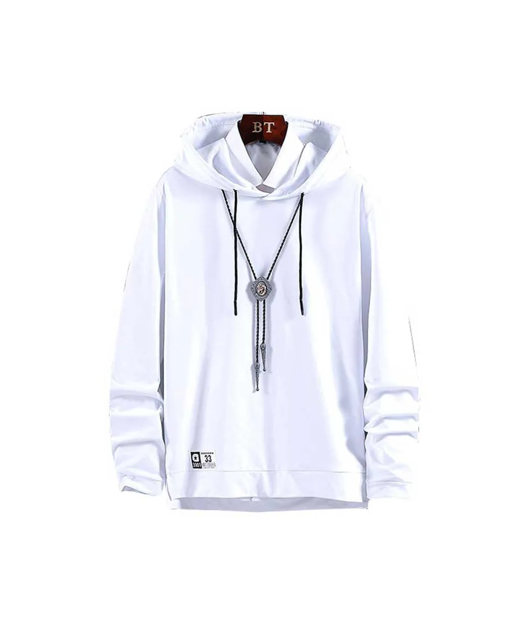 White long sleeve labelled pull over hoodies