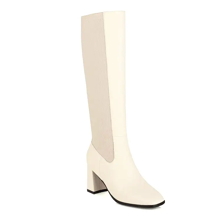 Women's Bicolor Square Toe Zippers Chunky Heel Knee-High Boots