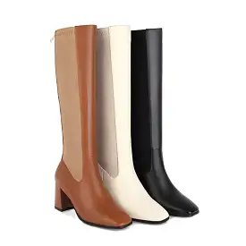 Women's Bicolor Square Toe Zippers Chunky Heel Knee-High Boots