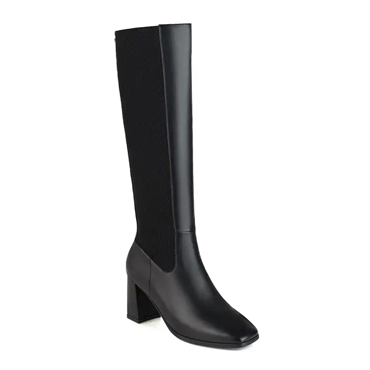 Women's Bicolor Square Toe Zippers Chunky Heel Knee-High Boots